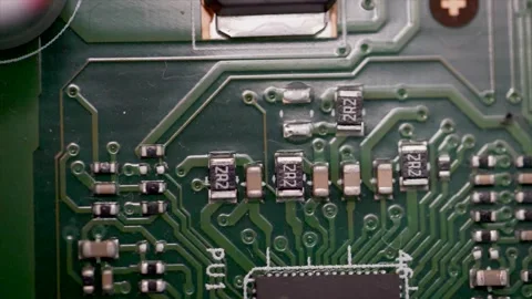 Close up shot of computer motherboard with chip, cpu and microprocessor. Vídeo Stock 145107048