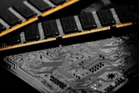Close-up shot of a computer RAM chip for PC motherboard Stock Photos
