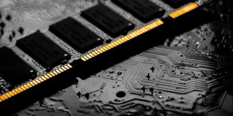 Close-up shot of a computer RAM chip for PC motherboard Stock Photos