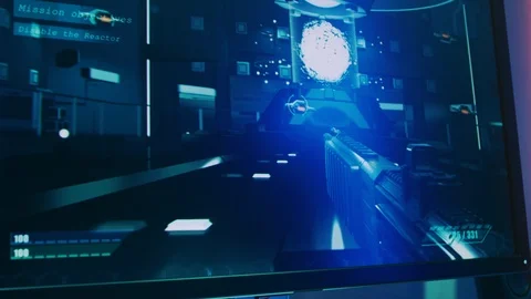 Close-up Shot of the Computer Screen with First-Person Shooter Online Video Game Stock Footage 92412745