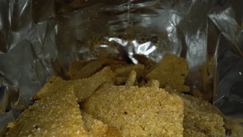 Close-up shot of croutons in a package Stock Footage 149879797