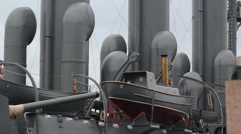 Close Up shot of The cruiser Aurora after a renovation parking on the Petrograd  Stock Footage 66422035