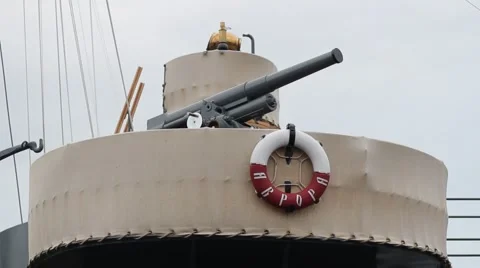 Close Up shot of The cruiser Aurora after a renovation parking on the Petrograd  Stock Footage 66422273