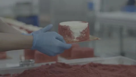 Close up shot Crumbs being applied to fresh velvet cake Stockbeeldmateriaal 327069651