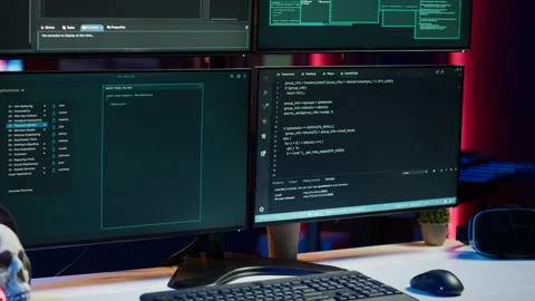 Close up shot of dangerous hacking code running on computer system monitors Stock Footage 275761347