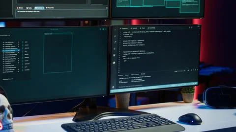 Close up shot of dangerous hacking code running on computer system monitors 写真素材