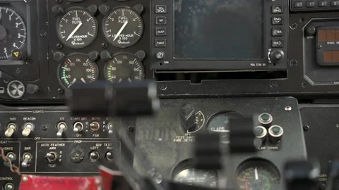 Close-up shot of a dashboard in cabin of small single engine airplane standing Stock Footage 201275897