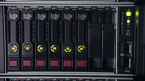 Close up shot of data servers with ethernet cables and blinking hard drive Stock Footage 168397475