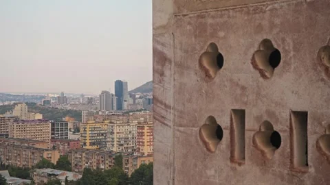 Close-up shot of decorative elements within an old, abandoned concrete structure Video stock 292268965