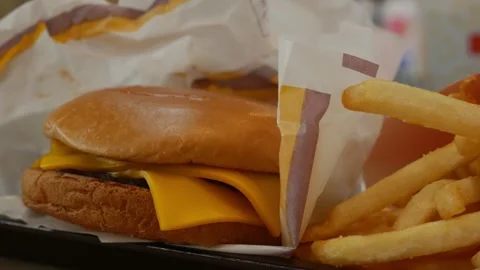 Close up shot of delicious double cheeseburger Stock Footage 325694892