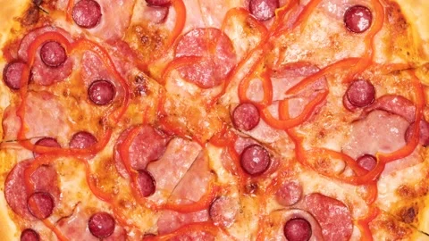 Close up shot of delicious pizza with mozzarella cheese . Tasty Italian pizza Stock Footage 266978577