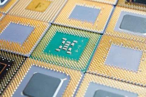 Close-up shot of different old CPUs between 486 and 686 class. Stock Photos