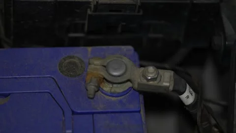 Close up shot of dirty car battery terminal with clamp. Stock Footage 343756992
