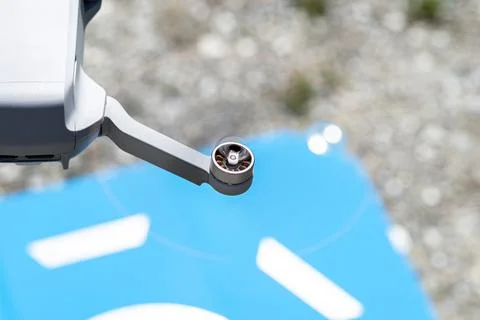 A close-up shot of the drone rotating plastic propellers with brushless motor Stock Photos