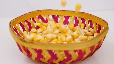 Close shot of dropping corn seeds into a craft bowl, Corn seeds in a bowl Stock-Footage 148218033