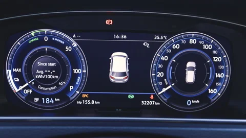 Close up shot electric car dashboard view during fast charging when parked at Stock Footage 200834242