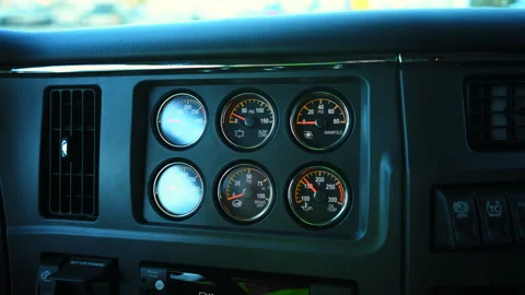 Close up shot of element interior of a new semi truck. turned on engine Stock Footage 296921297