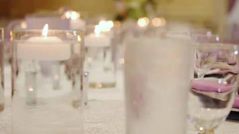 Close up shot of elements restaurant filled with tables and candles. Wedding Stock Footage 264250959