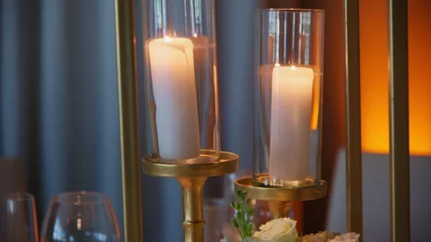 Close up shot of elements restaurant filled with candles. Wedding event Video stock 264251083