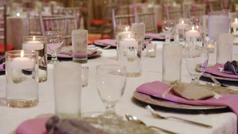Close up shot of elements restaurant filled with tables and candles. Wedding Stock Footage 264782743