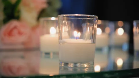 Close up shot of elements wedding restaurant filled with tables and candles Stock Footage 277732128