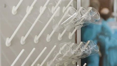 Close-up shot of empty glass flasks in the laboratory. 4K Stock Footage 96102851
