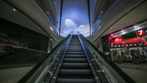 Close-up shot of empty moving staircase running up. Shopping Mall Stock-Footage 84740159