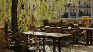 Close Up Shot Of Empty Tables And Chairs In The Bar, Restaurant, Ljubljana Stock Footage