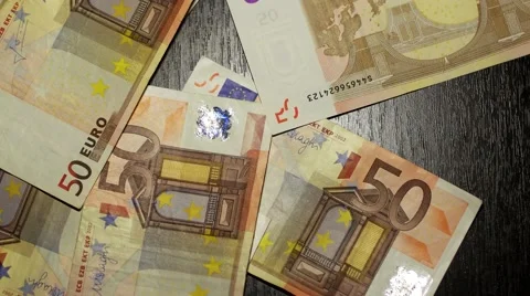 Close Shot Euro Banknotes Falling Down to Table Stock Footage 61063526