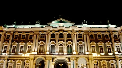 Close shot of a facade of Illuminated State Hermitage (Winter Palace) in night Stock Footage 154339709