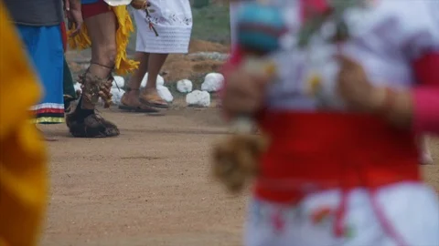 Close up shot, feet stomping, Native American Indian's dance, ceremony Stock Footage 90398729