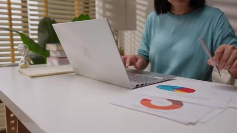 Close up shot of female hand using laptop for working, learning, searching,.. Stock Footage 340307108