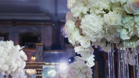 Close up shot of Festive wedding table with flowers. Move camera futage Video stock 162882818