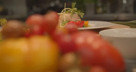 Close Up Shot of Finished Dish with Vegetables in Restaurant Kitchen Stock Footage 127525741