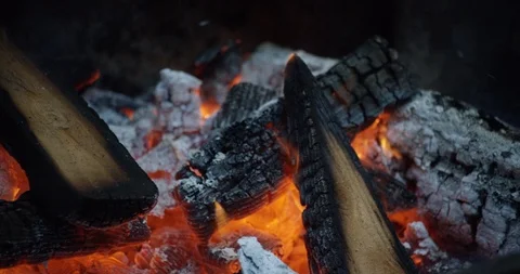 Close up shot of fire dying down on burnt out firewood Stock Footage 117132996