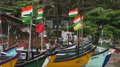 Close shot of flags attached over fishing boats Stock Footage 191370030