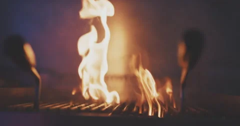 Close up shot of flames of fire on professional grill Stock Footage 203555644