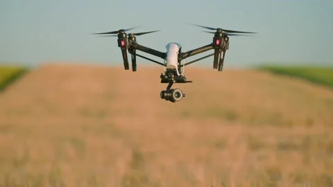 Close-up shot of flying drone above field. Blurred background of wheat and sky Stock Footage 207755729