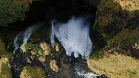 Close Up Shot Flying Top Down Over Gljufrabui Waterfall Stock Footage 130134930