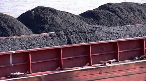Close Up Shot of a Full Coal Barge on the River Video stock 22281032