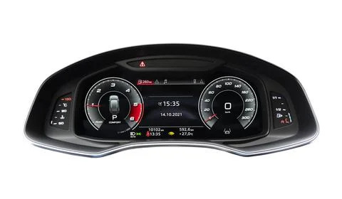 Close up shot of a fully digital speedometer isolated on white background. .. Stock Photos
