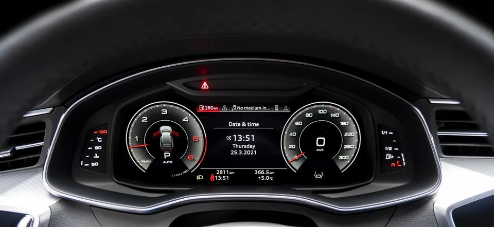 Close up shot of a fully digital speedometer in a car. Car digital dashboar.. Stock Photos