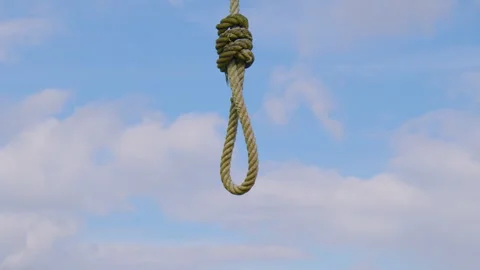 Close up shot of a gallows' noose set against pale sky Stockbeeldmateriaal 299030625