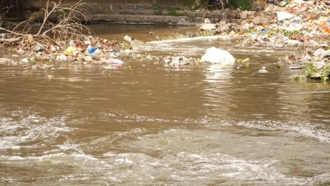 Close-up shot of garbage thrown in water streams Stock Footage 148541162