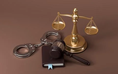 Close-up shot of the gavel and the scale symbolizing justice. 3d rendering. Stock Illustration
