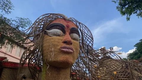 Close up shot of gorgeous devi Durga big face idol made of jute during Stock Footage 163800705