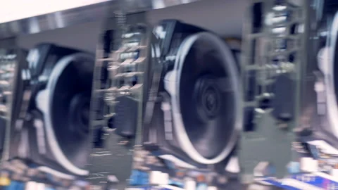 Close up shot of GPU Video Graphics Card mining. Industrial mining farm for Stock Footage 88024176
