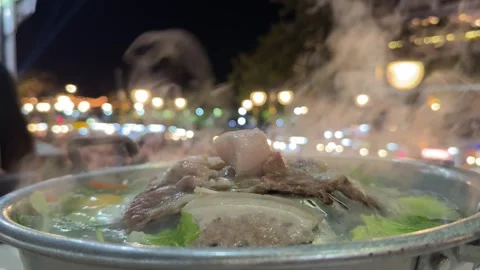 Close up shot grilled pork buffet hot steam at night. Stock Footage 310286972