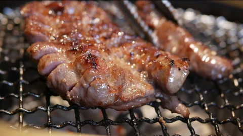Close-up shot of grilled pork over a charcoal grill with bursting flames. Stock Footage 345129579