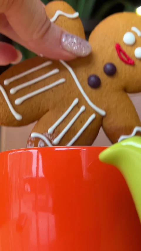 Close up shot of a hand dipping a biscuit into a cup of coffee Festive Christmas Stock Footage 261311704